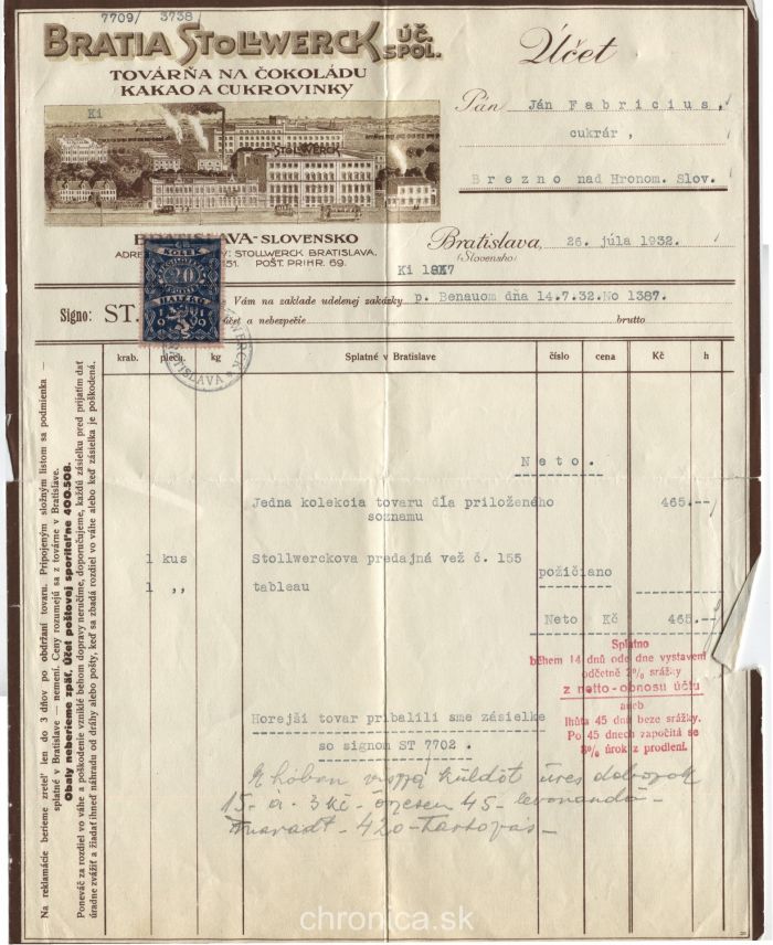 Účet od firmy Stolwerck z r. 1932